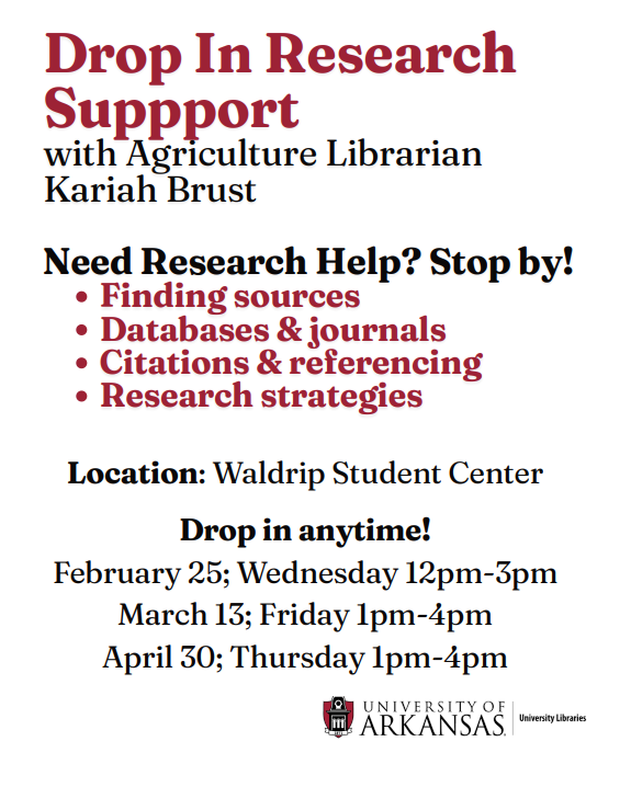 Drop In Research Suppport Drop In Research Suppport with Agriculture Librarian Kariah Brust - Need Research Help? Stop by! Finding sources Databases & journals Citations & referencing Research strategies Drop in anytime! February 25; Wednesday 12pm-3pm March 13; Friday 1pm-4pm April 30; Thursday 1pm-4pm Location: Waldrip Student Center