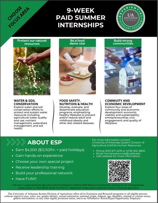 click image to learn more about multiple 9-week paid summer internships through the University of Arkansas Division of Agriculture research and extension.