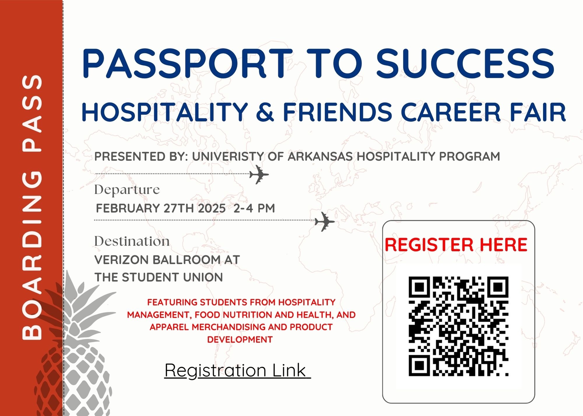 The university of arkansas hospitality program presents the passport to success career fair. On February 27th from 2 - 4 p.m. in the Uark Ballroom. Click the image to register for the event!