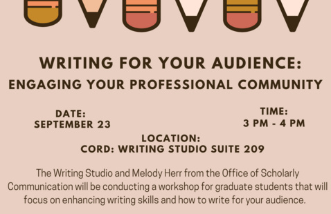 Writing for Your Audience: Engaging Your Professional Community. This is a workshop for graduate students that will focus on enchancing writing skills and how to write for your audience. September 23rd from 3 to 4 p.m. in the CORD writing studio suite 209