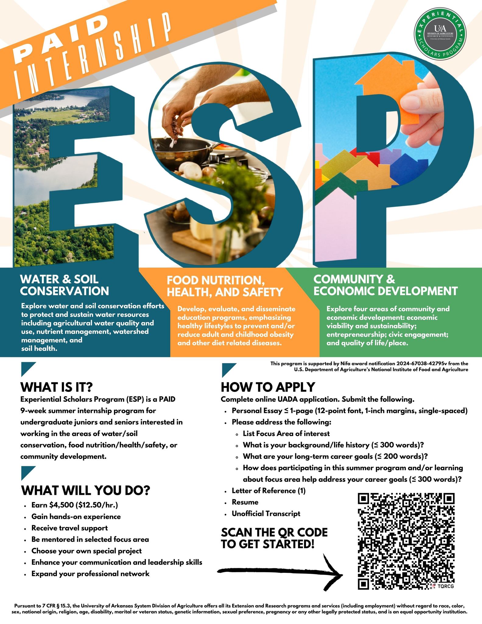 Paid internships in Water & soil conservation, food nutrition, heath, and safety, and Community and economic development. These are 9-week summer internship programs for undergraduate juniors and seniors interested in working in the areas named earlier. Click this image to learn more about what these interships have to offer.