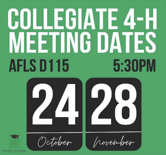 Collegiate 4-H meetings at 5:30 pm, October 24 and November 28
